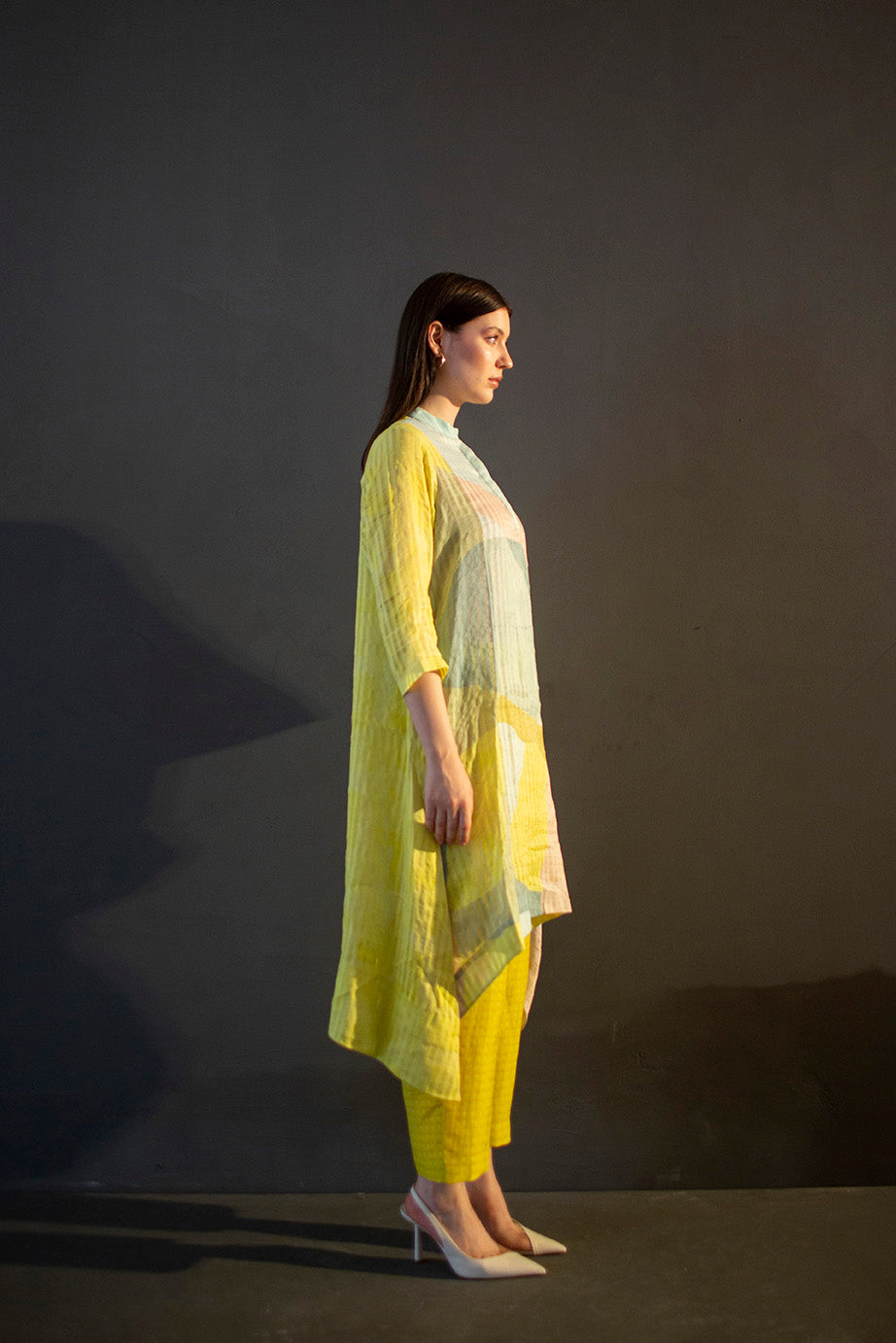 Pastel yellow high low kurta set