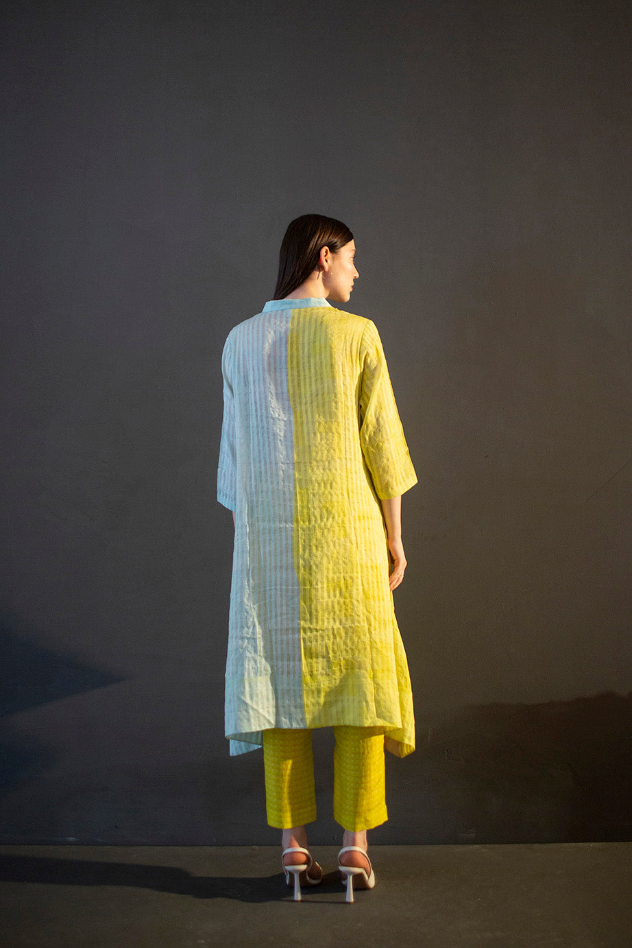 Pastel yellow high low kurta set