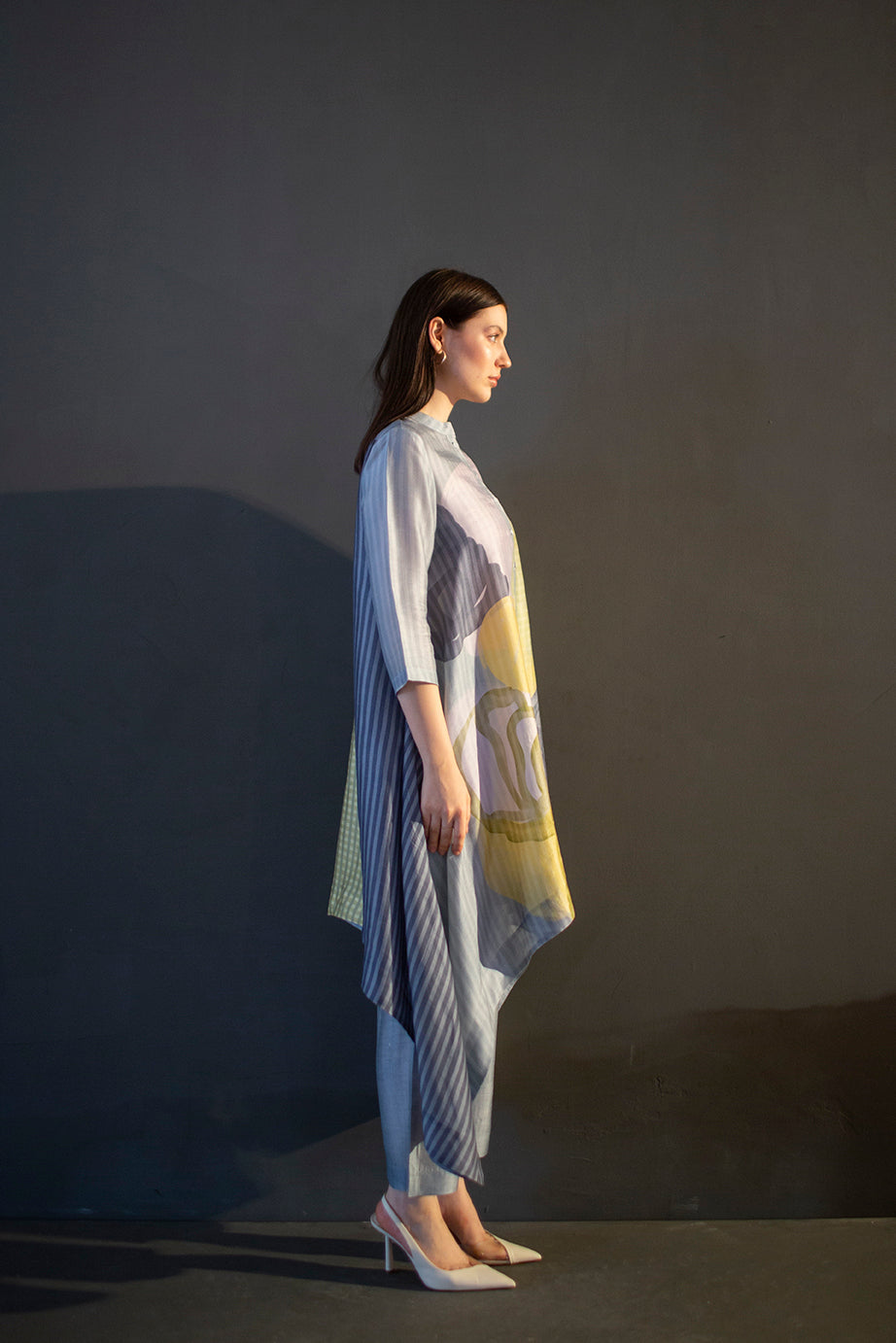 Grey & yellow long kaftan tail set