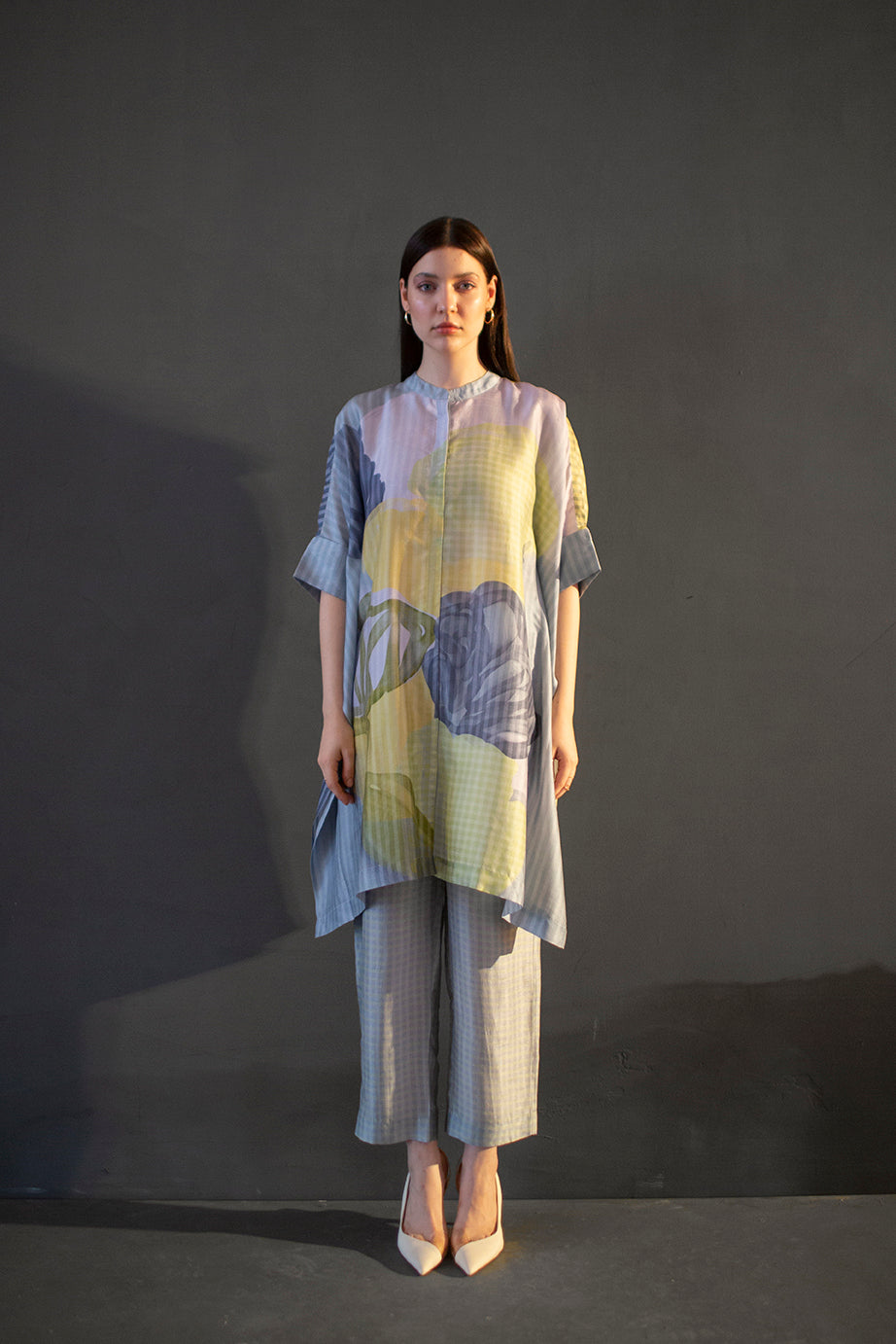 Grey & yellow asymmetric kurta set