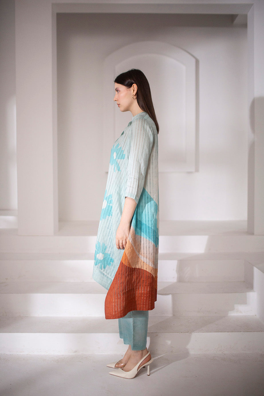 Light blue long kaftan tail set