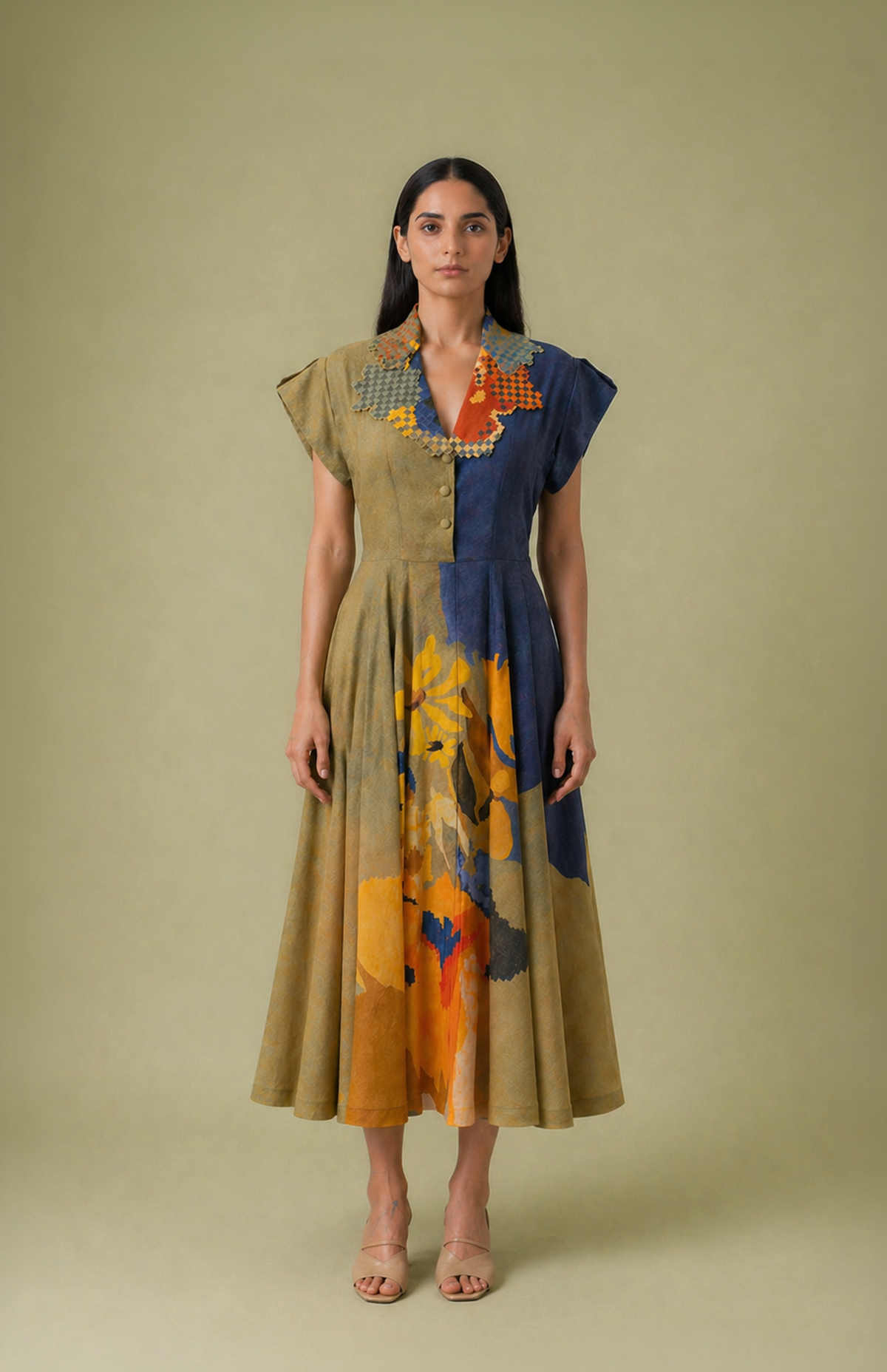 Ikat Cutwork Collar Midi Dress