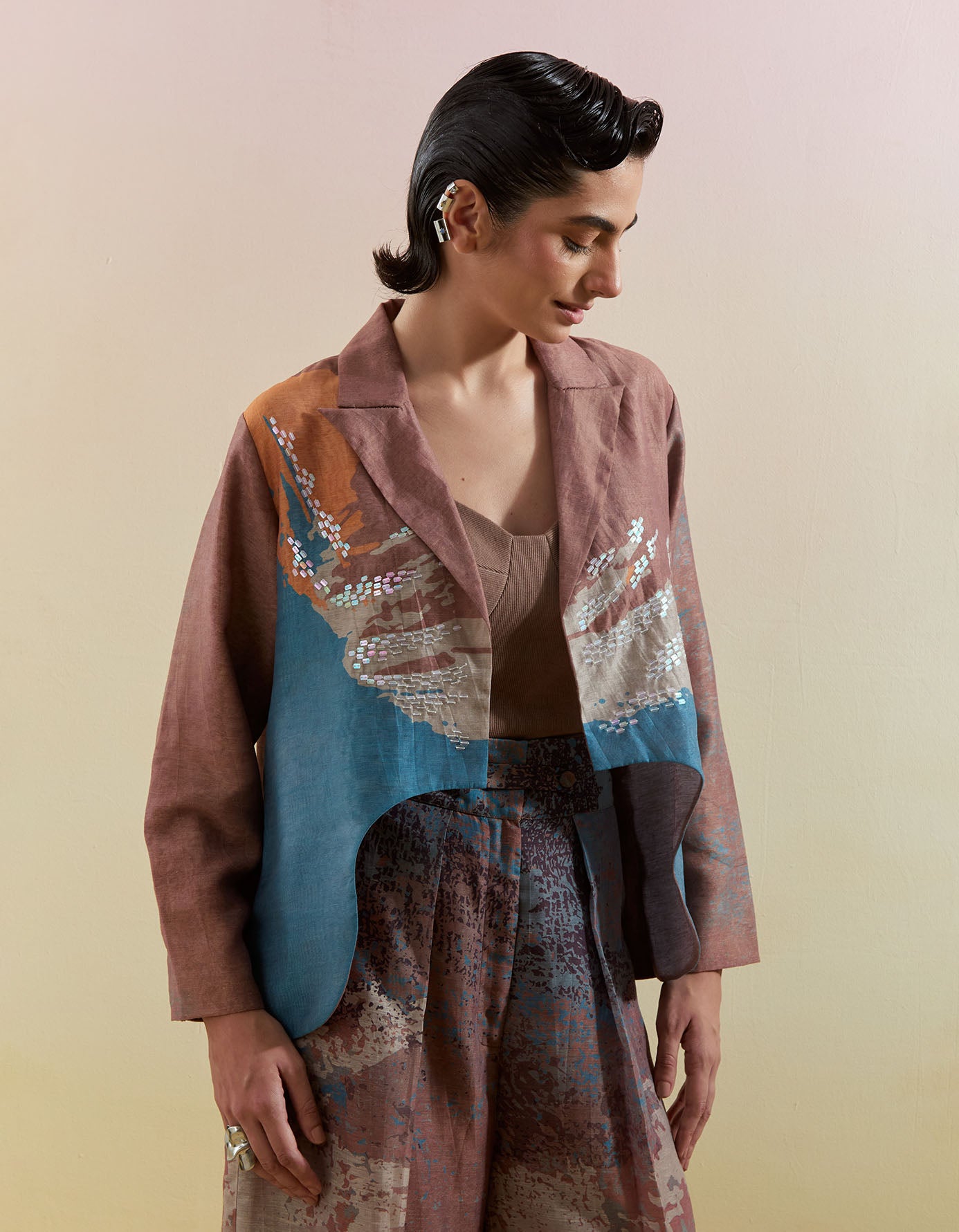Gliss Brown & Blue Asymmetrical Jacket Set