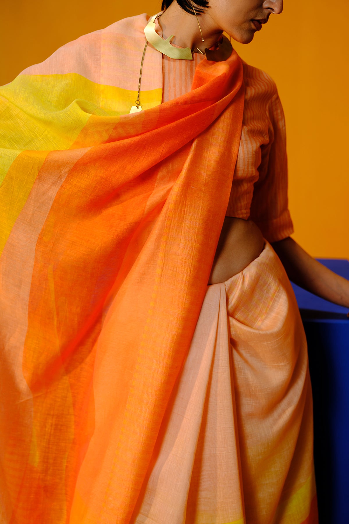 Diffuse Bright Orange & Yellow Saree Set