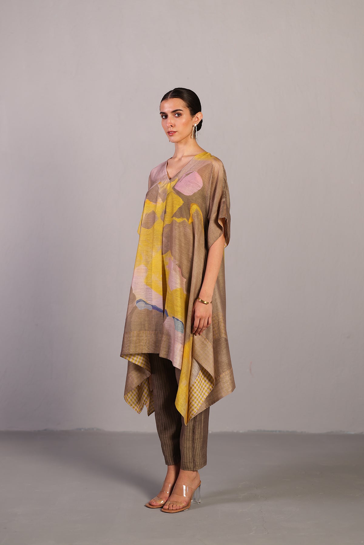 Candy Floss Smoky Beige & Bright Yellow A line Kurta Set