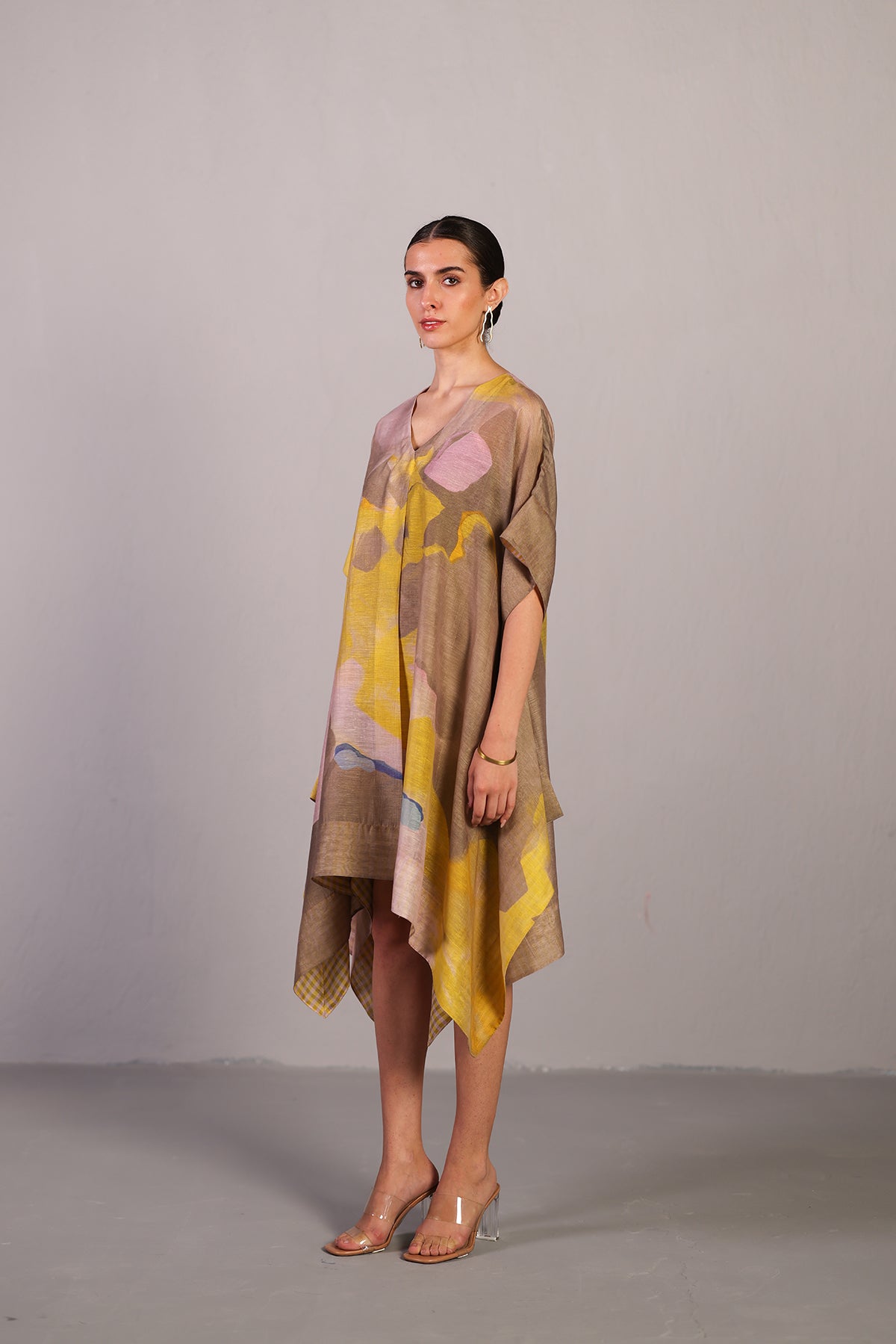 Candy Floss Smoky Beige & Bright Yellow A line Kurta Set
