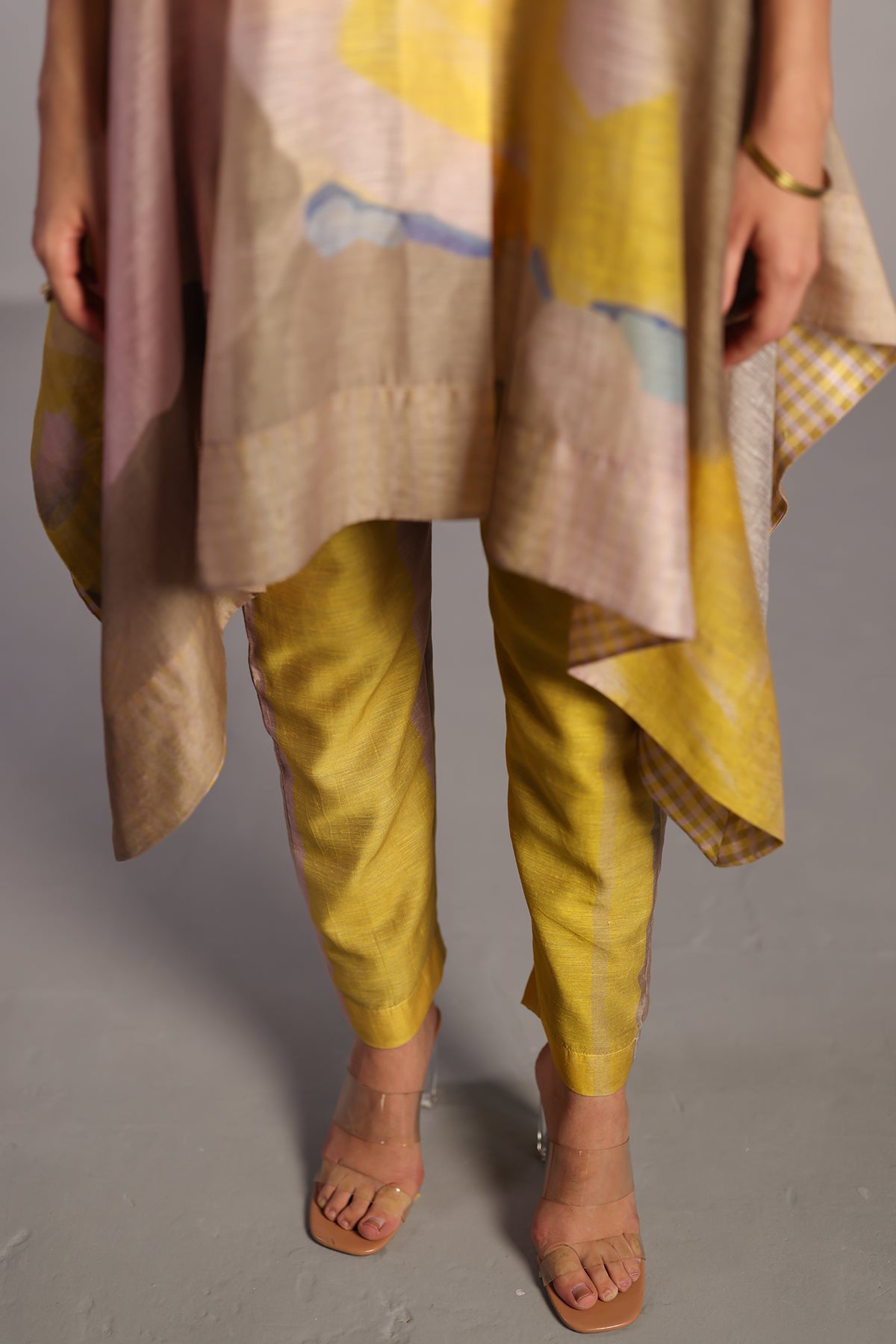 Candy Floss Smoky Beige & Bright Yellow A line Kurta Set