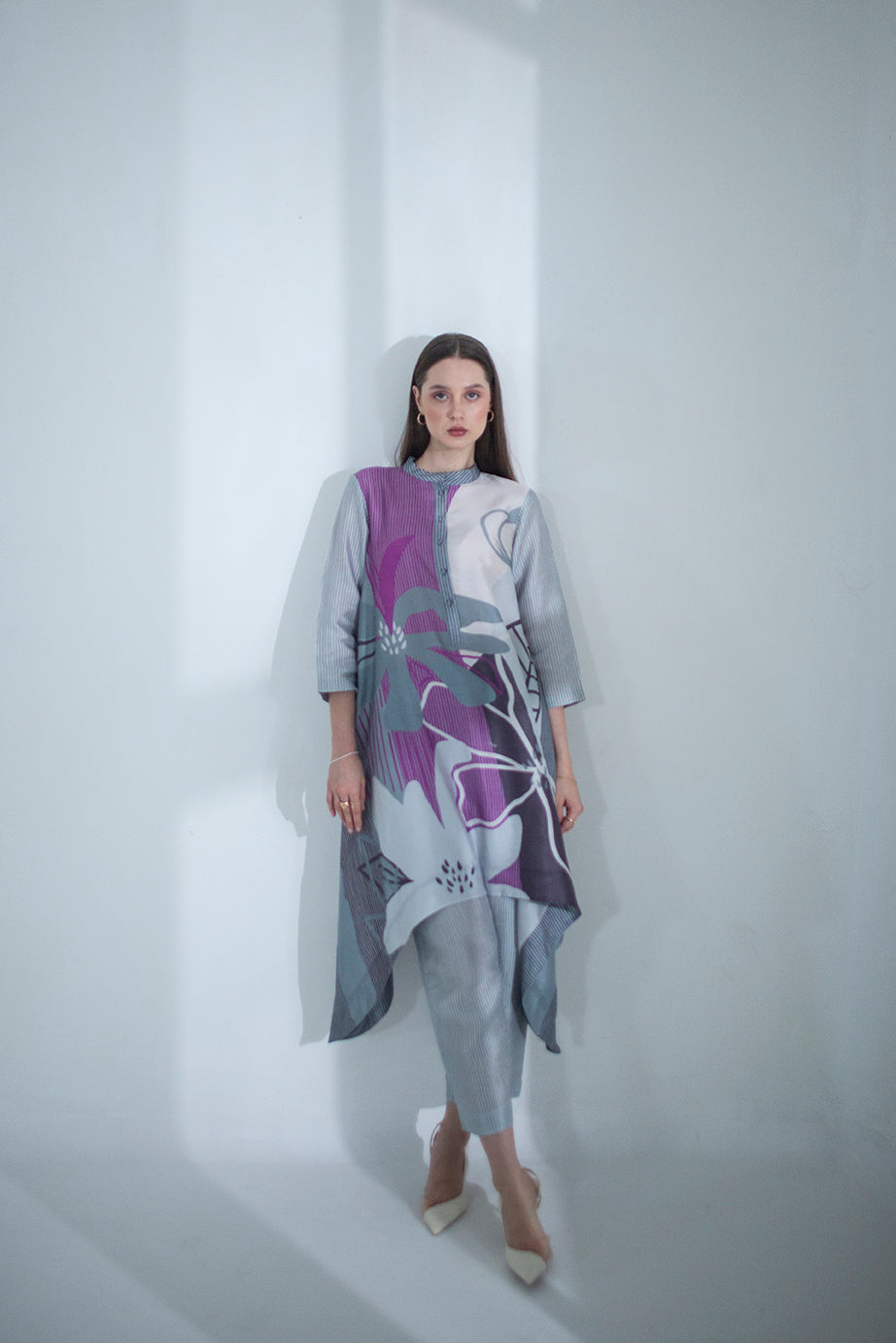 Grey & purple long kaftan tail set