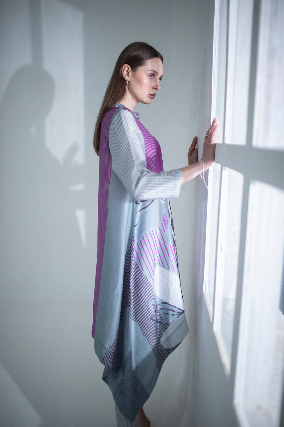 Grey & purple long kaftan tail set