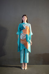 Blue & orange asymmetric kurta set