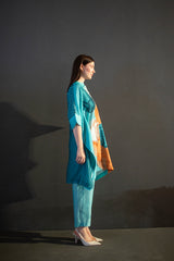 Blue & orange asymmetric kurta set